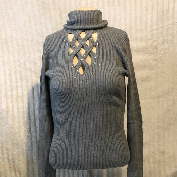CACHE GREY TURTLENECK SWEATER WITH CUTOUTS AND RHINESTONES SIZE S - Picture 1 of 4